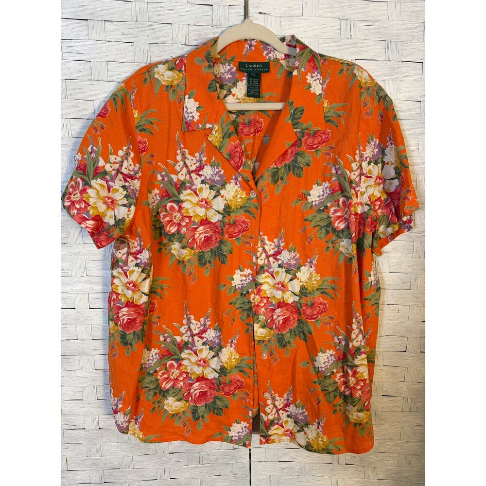 Vintage Lauren Ralph, Lauren women’s blouse linen tropical floral‎ plus size ￼